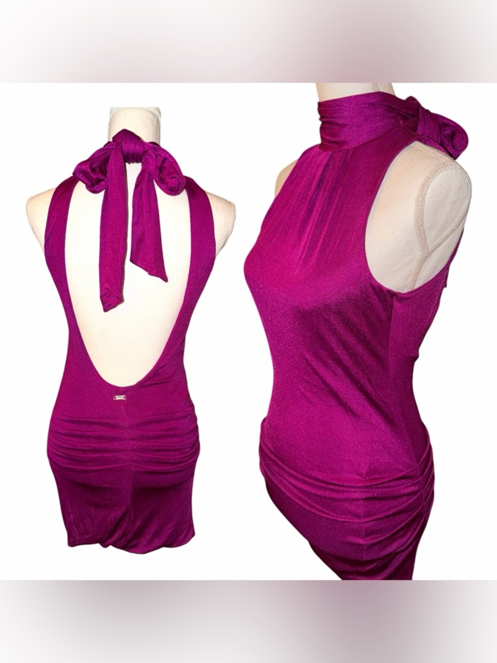 Y2K Vintage Marciano Open Tie Back Ruched Pleated Bodycon Fuchsia Mini Dress - Picture 3 of 9